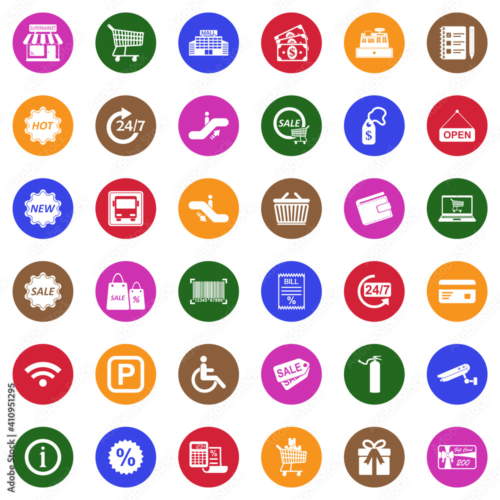 Supermarket Icons. White Flat Design In Circle. Vector Illustration. Supermarket Icons. White Flat Design In Circle. Vector Illustration.