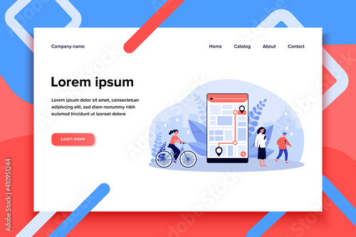 People using mobile app with city map for tracking. Men and women commuting with bike and phones. Vector illustration for city map, sport application, delivery service concept