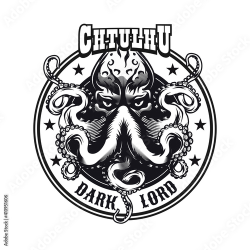 Monochrome emblem with Cthulhu head vector illustration. Vintage sign or sticker with engraving octopus myth creature. Horror and mythology concept can be used for sticker and badge