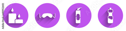 Set Burning candle, Eye sleep mask, Spray can for hairspray and Bottle of water icon with long shadow. Vector.