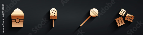Set Popcorn in box, Ice cream, Lollipop and Cracker biscuit icon with long shadow. Vector.