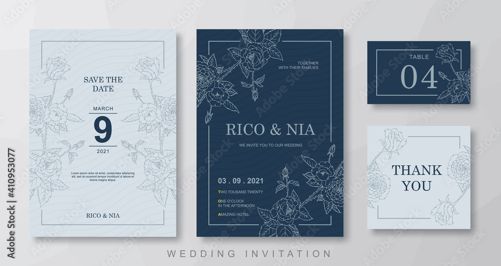 Floral line art wedding invitation template design
