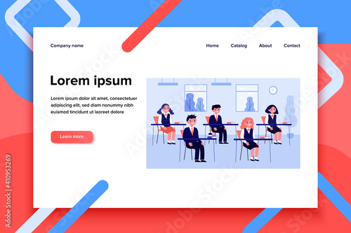 Pupils studying in classroom isolated flat vector illustration. Cartoon children and classmates sitting in class at desk during exam. School and interior concept
