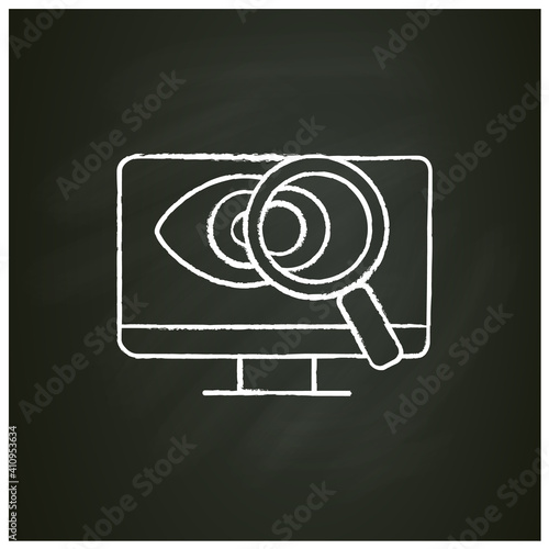Ophthalmology chalk icon. Telehealth medical care. Virtual ophthalmologist consultation.Telemedicine, health care concept. Online medicine, eye examination. Isolated vector illustration on chalkboard