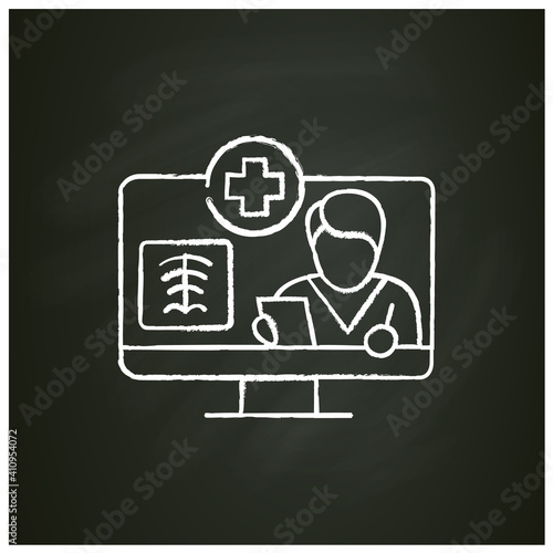 Online radiology chalk icon. Telehealth medical care. Virtual radiographer consultation. Telemedicine, health care concept. Online medicine, roentgenology. Isolated vector illustration on chalkboard
