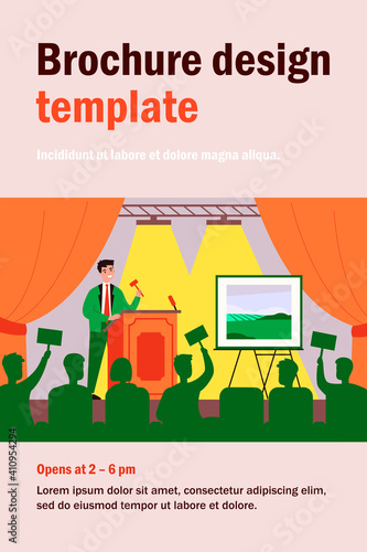 Crowd of buyers bidding at auction isolated flat vector illustration. Cartoon man standing near picture on stage, selling painting and holding gavel. Art gallery and public sale concept