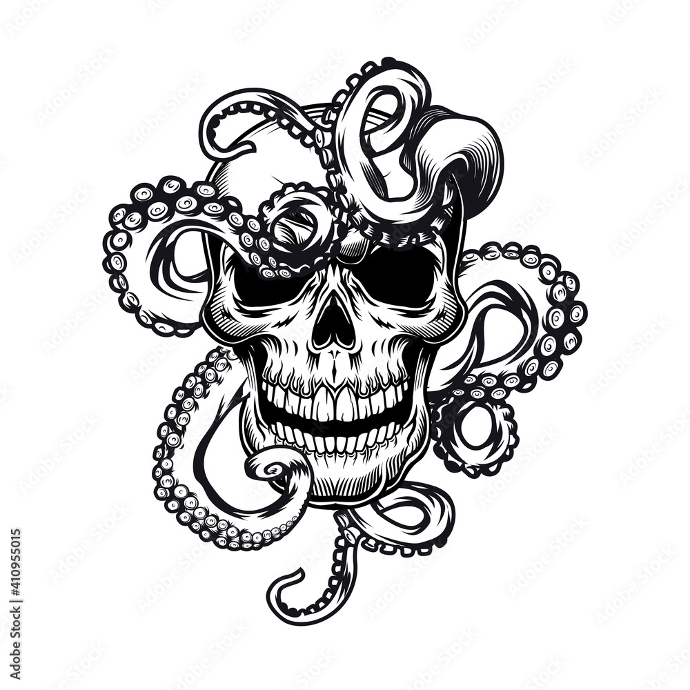 Head of skeleton with tentacles tattoo template. Monochrome element