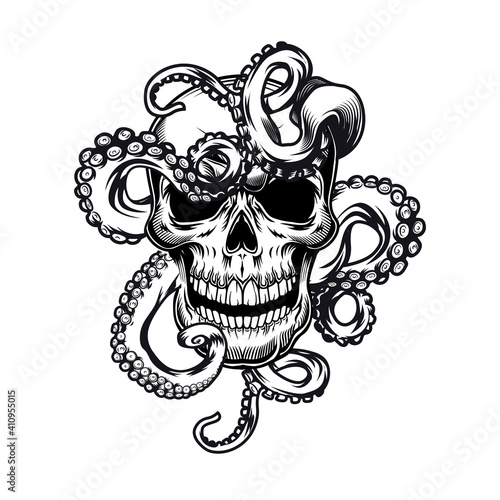 Head of skeleton with tentacles tattoo template. Monochrome element with octopus in pirate skull vector illustration. Sea life concept for symbols and emblems design
