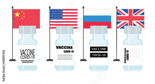 Covid 19 vaccine on the background of the flags of China, America, Russia and Great Britain. Illustration on the theme of countries developing a vaccine. Vector flat objects isolated on white.