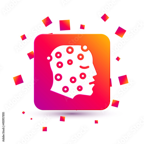 White Face with psoriasis or eczema rash icon isolated on white background. Concept of human skin response to allergen or chronic body problem. Square color button. Vector.