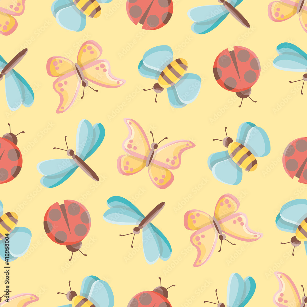 Fototapeta premium Cute bugs vector repeat pattern. Simple insects illustration background.