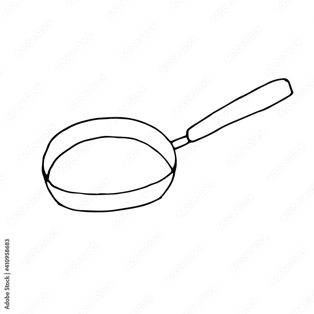 Frying pan, vector doodle illustration, outline hand drawing sketch Frying pan, vector doodle illustration, outline hand drawing sketch