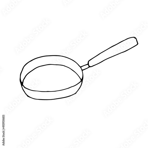 Frying pan, vector doodle illustration, outline hand drawing sketch