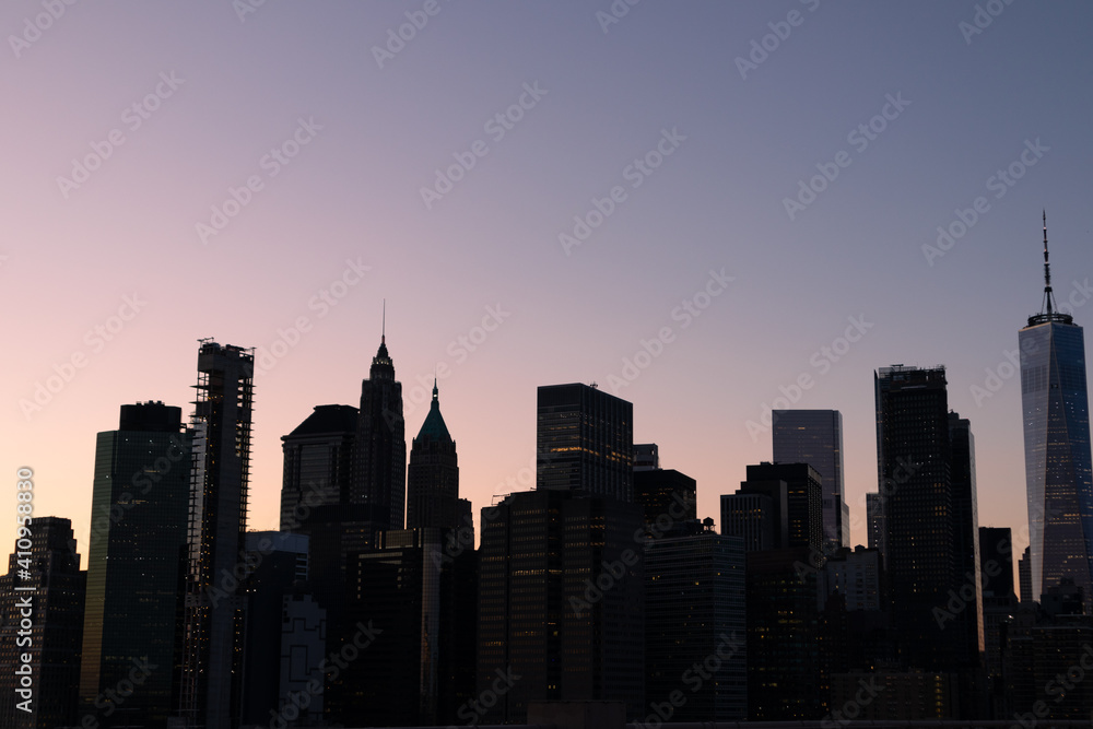 New York City Lower Manhattan Skyline Silhouette during the Evening with a Clear Sky