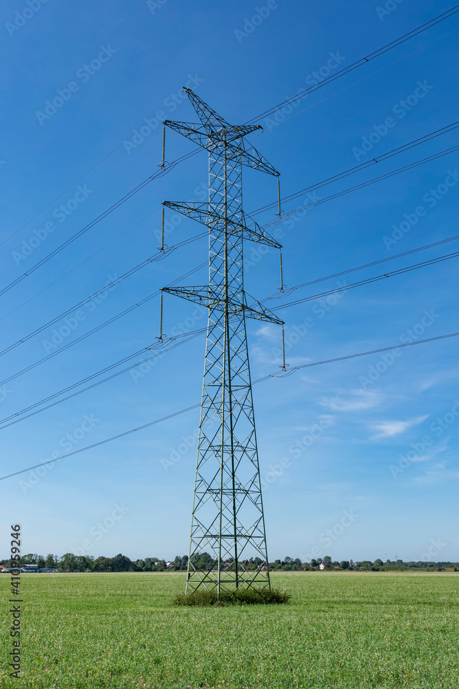 Overhead power line on the field, electric power line, Overhead power
