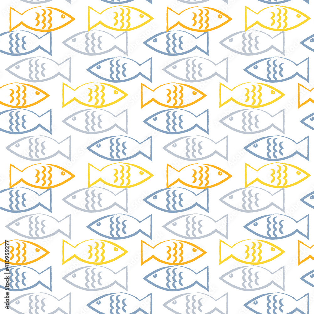 Seamless pattern with blue and yellow fish on white background. Seamless pattern with blue and yellow fish on white background.