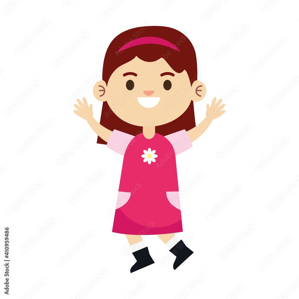 happy little young girl with pink dress and flower vector illustration design