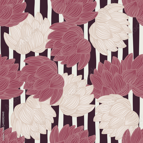 Abstract random hand drawn seamless pattern with light and pink colored lotus shapes. Striped background.