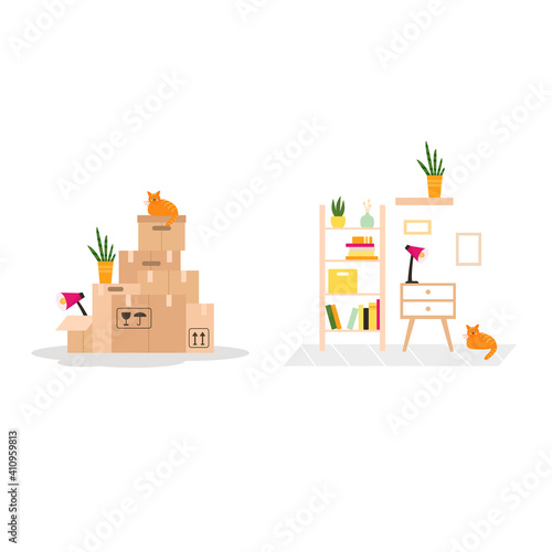 Vector illustration with paper moving boxes and unpacked things in a new place. Illustration of moving day isolated on white background.