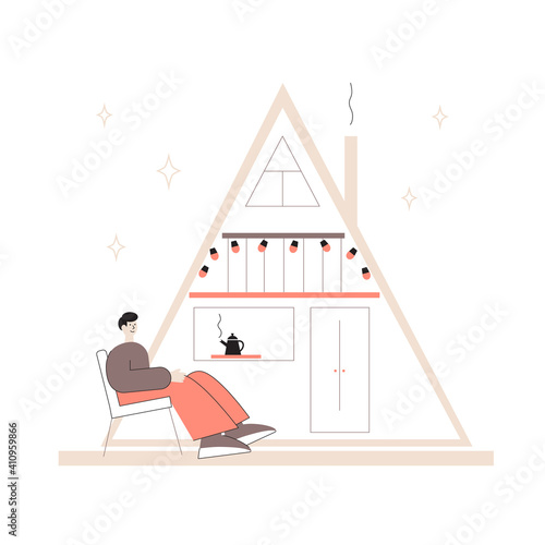 Vector flat illustration of man sitting in front of the tiny house.