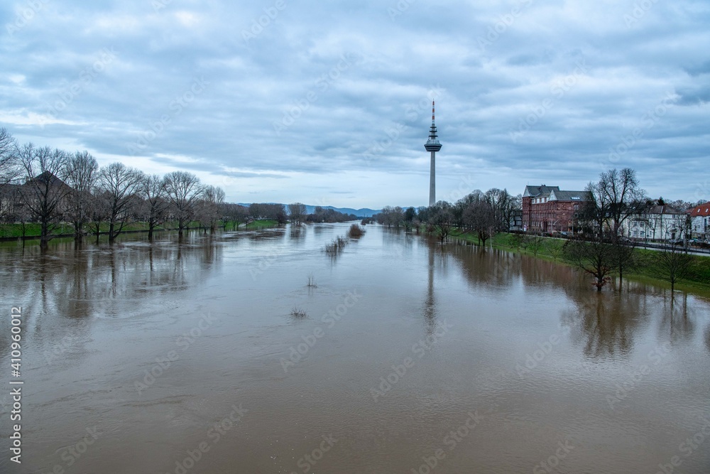Bäume im Wasser, Hochwasser in Mannheim Germany, Hochwasserabsperrung, Trees in the water, flood in Mannheim Germany, flood barrier, TV tower, telecommunications tower Bäume im Wasser, Hochwasser in Mannheim Germany, Hochwasserabsperrung, Trees in the water, flood in Mannheim Germany, flood barrier, TV tower, telecommunications tower