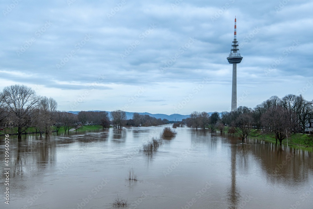 Fototapeta premium Bäume im Wasser, Hochwasser in Mannheim Germany, Hochwasserabsperrung, Trees in the water, flood in Mannheim Germany, flood barrier, TV tower, telecommunications tower 