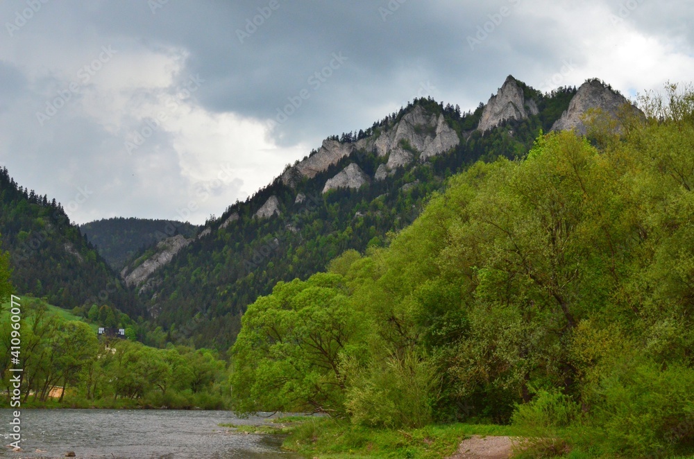 spring green trees river and three crowns mountain Carpathian Pieniny