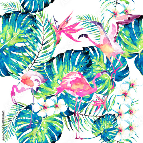 pink flamingos ,pattern,palm leaves, watercolor on a white