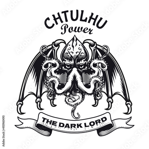 Dark emblem with Cthulhu head vector illustration. Retro sign or sticker with ancient octopus with wings from ocean. Horror and mythology concept can be used for sticker and badge