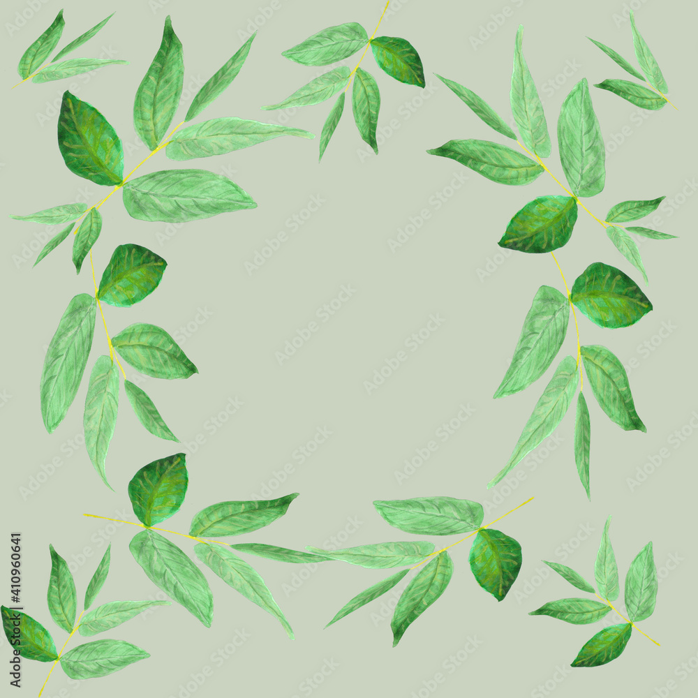 Frame made of green watercolor leaves Frame made of green watercolor leaves