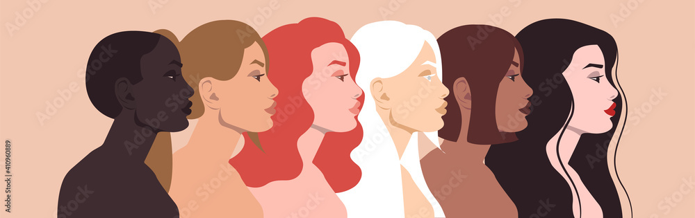 Women of different nationalities and cultures: African, European, Latin American, Arab, Asian. Women's friendship. The concept of gender equality.