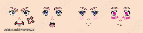 Anime cartoon style mimicry, facial expressions. Different eyes, mouth, eyebrows. Hand drawn vector illustration.