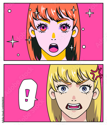 Angry anime girl, shouting cartoon character. Trendy pop art style poster or print design.