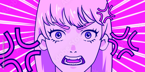 Angry anime girl, shouting cartoon character. Trendy pop art style poster or print design.