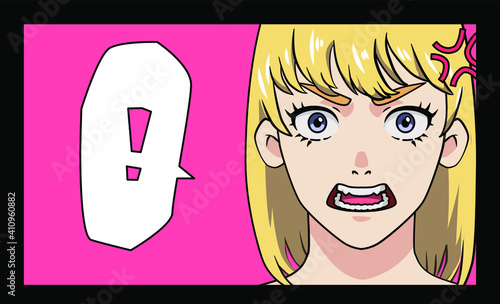 Angry anime girl, shouting cartoon character. Trendy pop art style poster or print design.