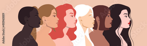 Women of different nationalities and cultures: African, European, Latin American, Arab, Asian. Women's friendship. The concept of gender equality.