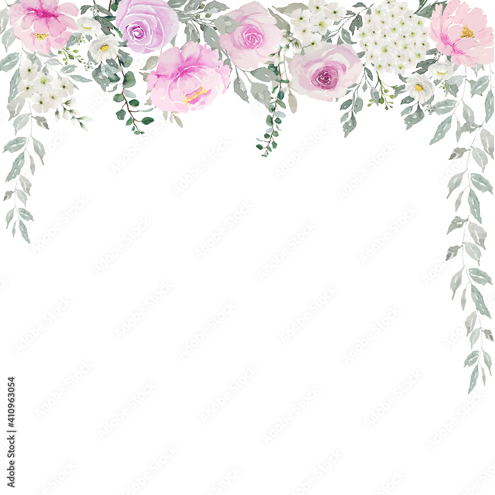 Watercolor of light pink roses with white flowers and green leaves curtain illustration background