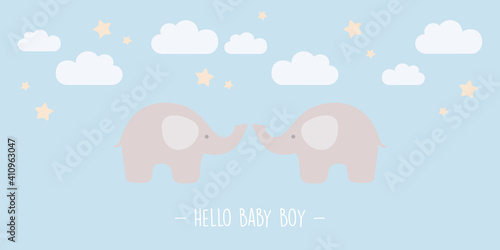 hello baby boy greeting card with elephant vector illustration EPS10