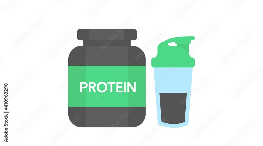 Vector Isolated Illustration of a Protein Bottle and a Protein Shaker. Flat Protein Icon Vector Isolated Illustration of a Protein Bottle and a Protein Shaker. Flat Protein Icon