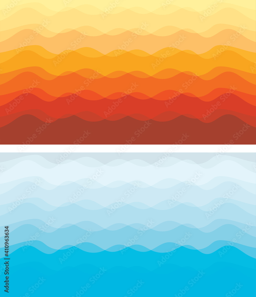 Wavy orange red yellow blue cyan color abstract background set for party poster, banner, cover art