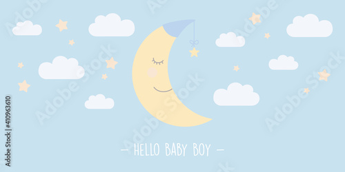 hello baby boy greeting card with cute moon vector illustration EPS10