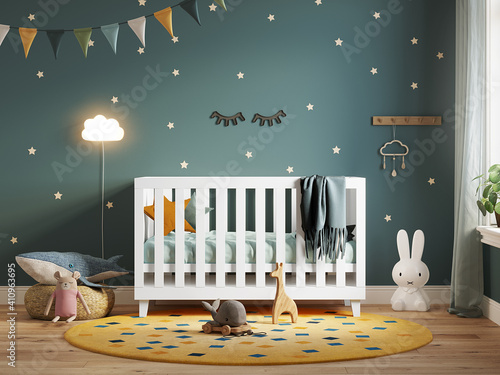 3d Mockup green nursery interior with a white cradle lots of toys and colorful flags	
 photo