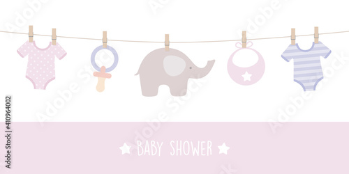 baby shower welcome greeting card for childbirth with hanging utensils vector illustration EPS10
