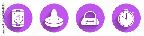 Set Planning strategy, Mallet for playing air hockey, Sport bag and Stopwatch icon with long shadow. Vector.