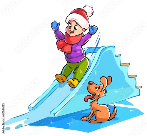 Cute funny cartoon boy rolling on an ice slide. The boy and his dog.