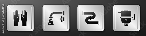 Set Rubber gloves, Water tap, Industry metallic pipe and Electric boiler for heating water icon. Silver square button. Vector.