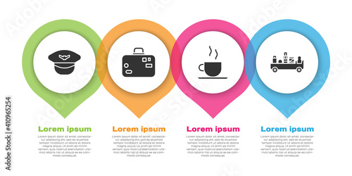 Set Pilot hat, Suitcase, Coffee cup and Airport luggage towing truck. Business infographic template. Vector.