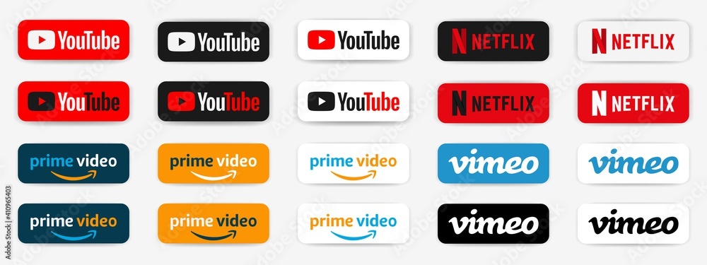 Youtube, netflix, amazon prime video and vimeo icons collection. Online  video service. Big set of streaming icons. Editorial vector. Youtube and  Netflix logo. Rivne, Ukraine - February 5, 2021. Stock Vector | Adobe Stock
