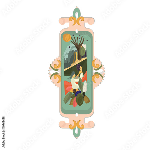 Flat illustration with olive trees and woman