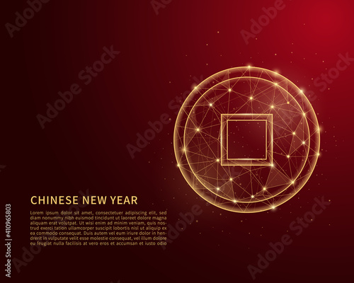 Polygonal wireframe illustration of gold coin. Abstract low poly Chinese gold coin. Polygonal wireframe illustration with lines and dots. Vector concept illustration.